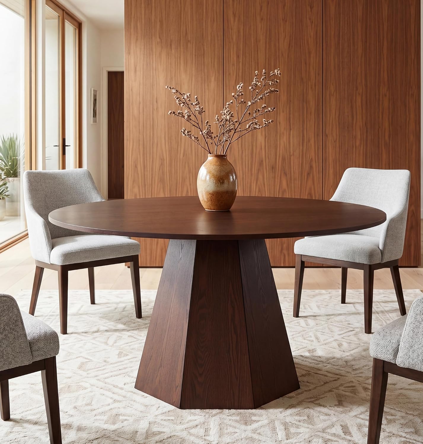 CIMOTA 59'' Round Dining Table for 4-6, Modern Pedestal Kitchen Table Circle Wood Walnut Grain Finish Grain Tabletop Dinner Table Kitchen Table, Walnut Wood