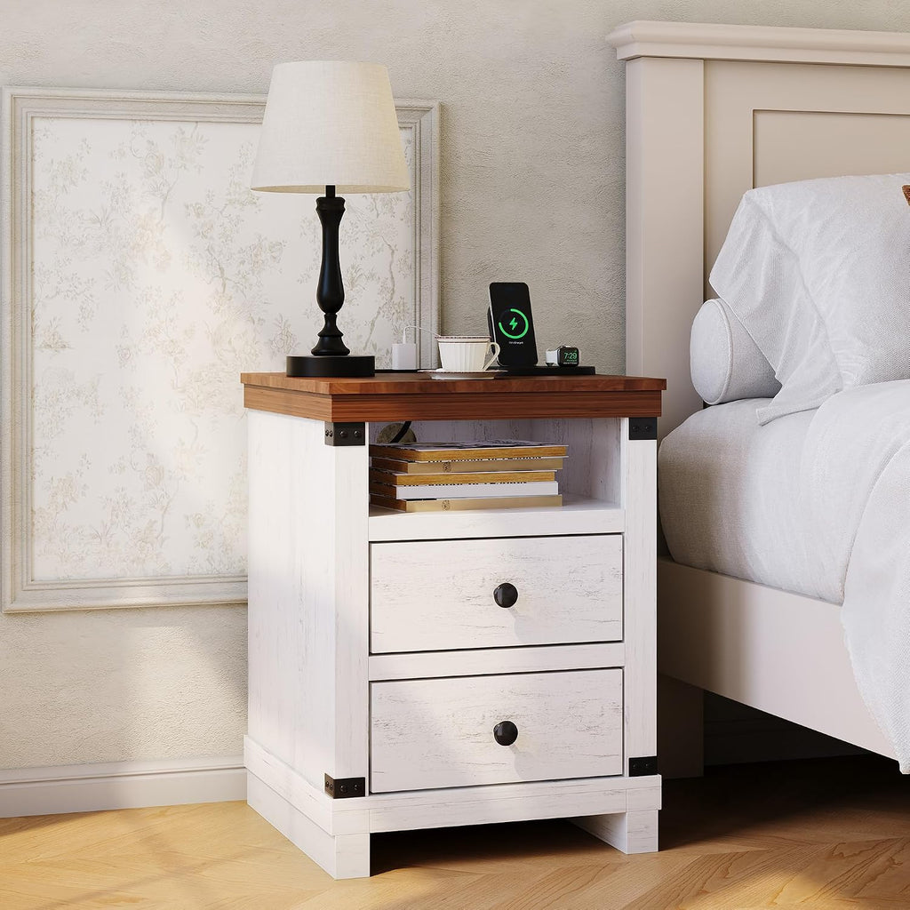 Garvee Farmhouse Nightstand with Charging Station, Set of 2 Modern Bedside End Table with 2 Drawers, USB Ports & Outlets, White Accent Table for Bedroom & Living Room, 18.11" w