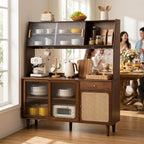 Welnown Kitchen Hutch Cabinet with Countertop, 69" Tall Pantry Storage Cabinet, Rattan Solid Wood Buffet Sideboard, Entryway Storage Table for Living Room, Dining Room, Walnut