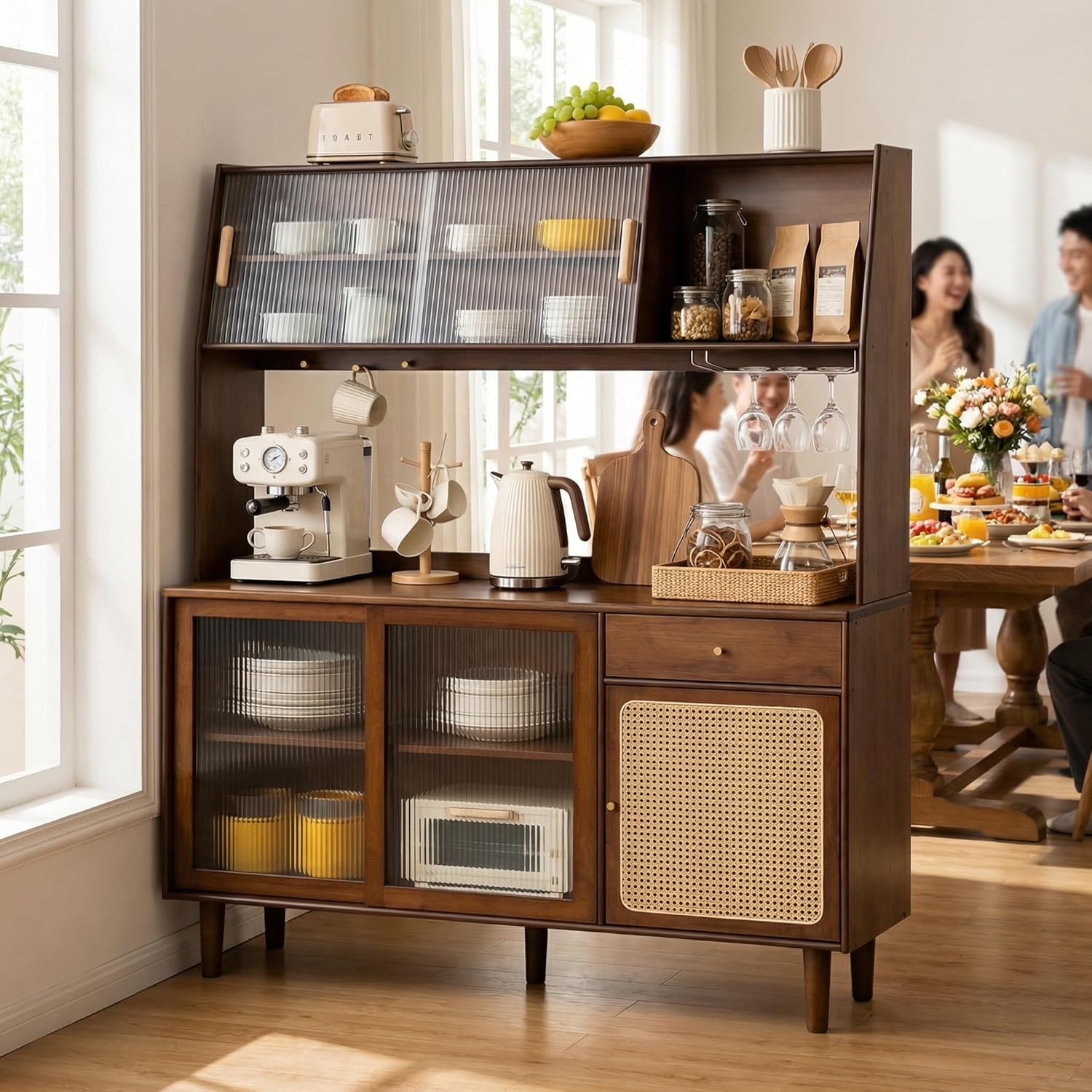 Welnown Kitchen Hutch Cabinet with Countertop, 69" Tall Pantry Storage Cabinet, Rattan Solid Wood Buffet Sideboard, Entryway Storage Table for Living Room, Dining Room, Walnut