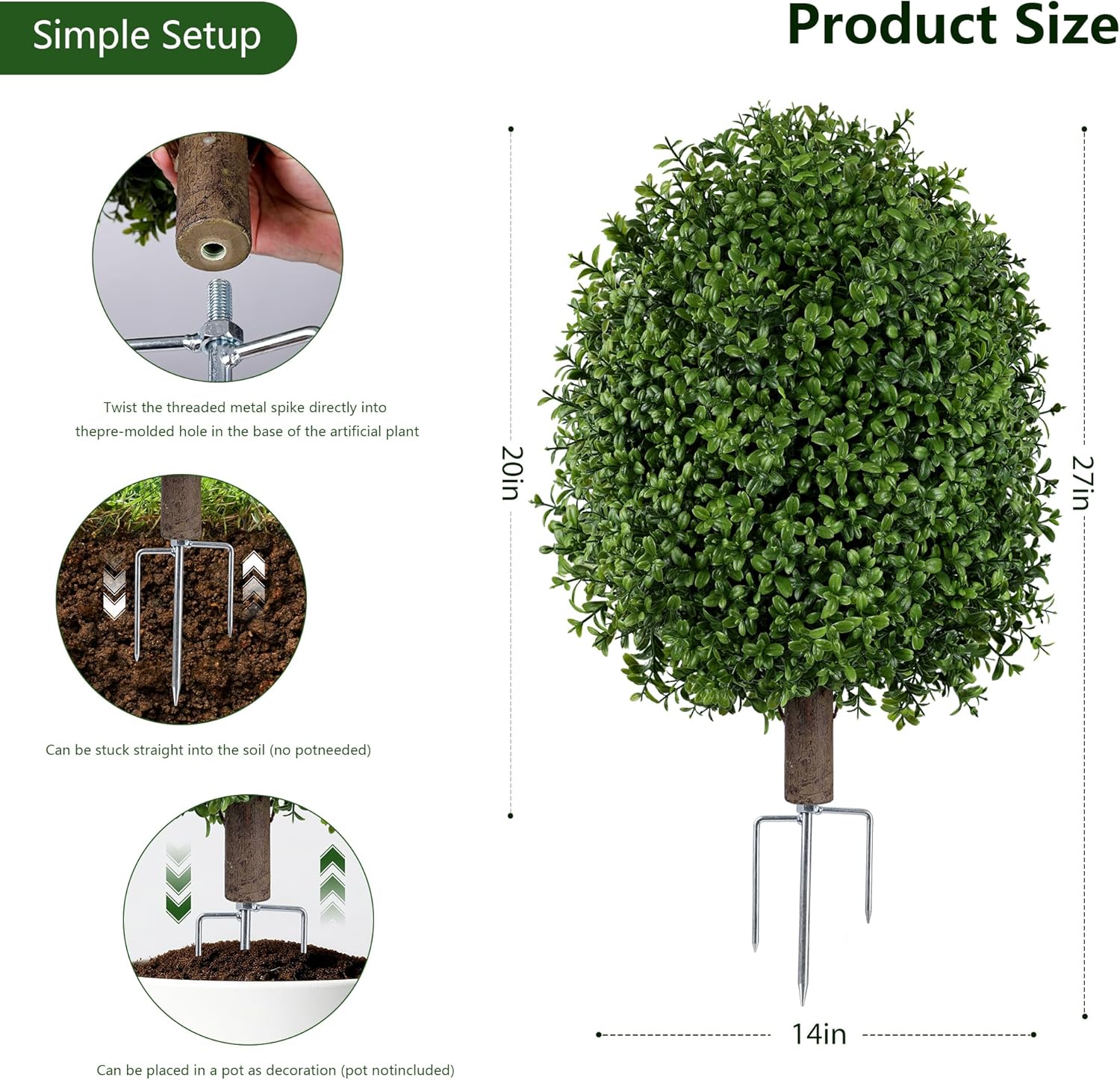 INSPRING 27'' Artificial Boxwood Topiary Trees Outdoor Fake Bushes Plants UV Resistant Evergreen Shrubs with Metal Ground Spike for Porch Patio Garden, 2 Pack