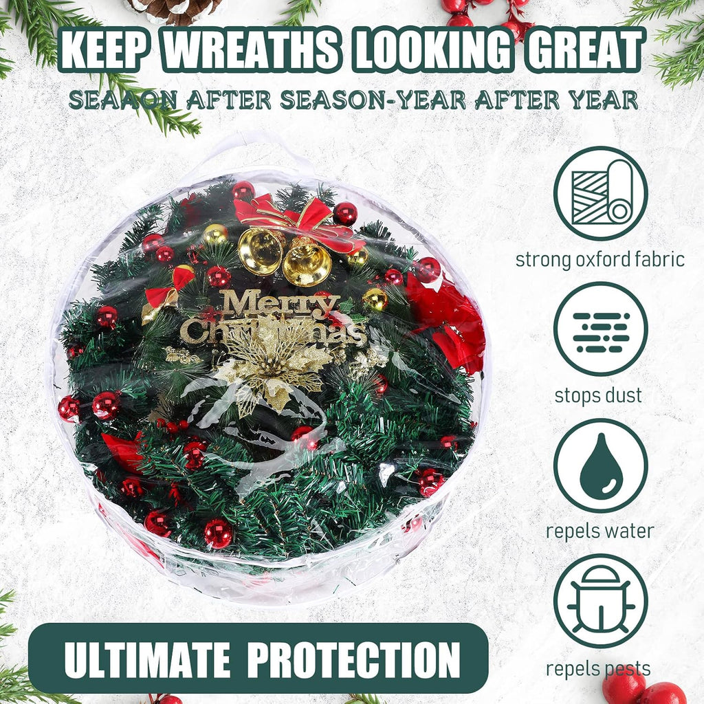Shappy 4 Pieces Clear Christmas Wreath Storage Container 24 Inches Xmas Wreath Storage Bag Plastic Christmas Garland Container with Dual Zippers and Reinforced Handles for Xmas Seasonal (Clear)