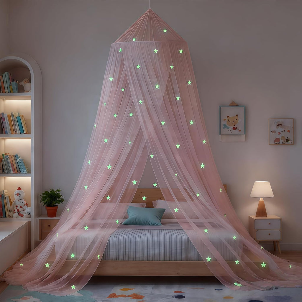 Bed Canopy for Girls Mosquito Net, Princess Bed Canopy for Girls Room Decor - Insect Protection Hanging Canopy for Indoor(Pink,Stars Glow in the Dark)