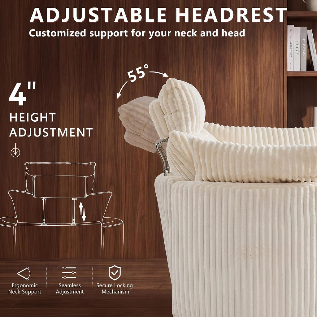 Manual Nursery Glider Recliner with 4" Height and 55° Angle Adjustable Headrest, 360° Silent Swivel Rocking Chair, Phone Holder and 2 Pillows, 400 LBS, Corduroy, White