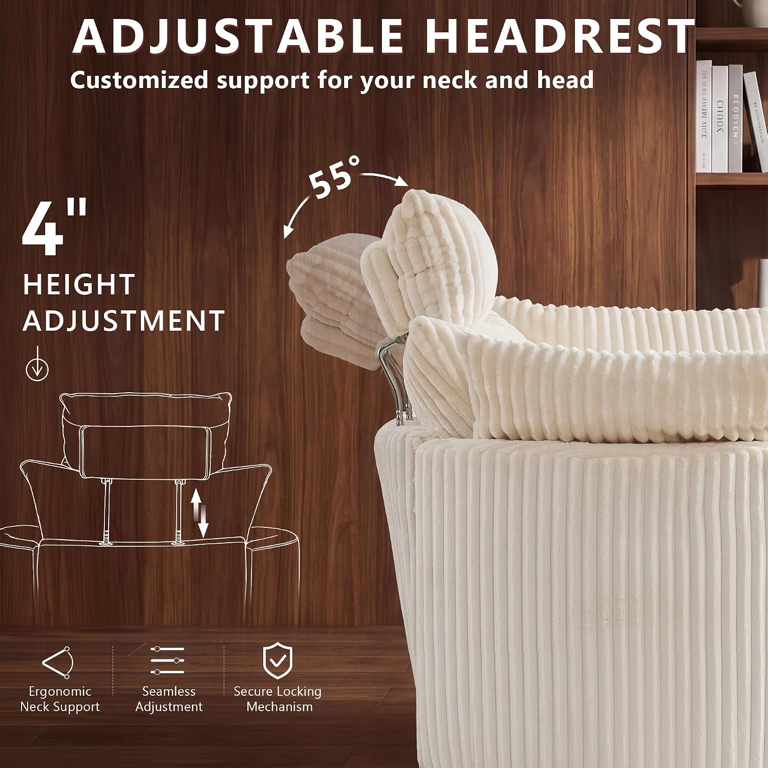 Manual Nursery Glider Recliner with 4" Height and 55° Angle Adjustable Headrest, 360° Silent Swivel Rocking Chair, Phone Holder and 2 Pillows, 400 LBS, Corduroy, White