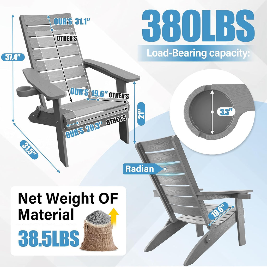 YEFU Adirondack Chair Set of 2 Outdoor: Oversized Folding Adirondack Chairs with Arc Back & Cup Holder, Weather Resistant Fire Pit Chairs for Patio Lawn Garden Backyard Deck, Grey