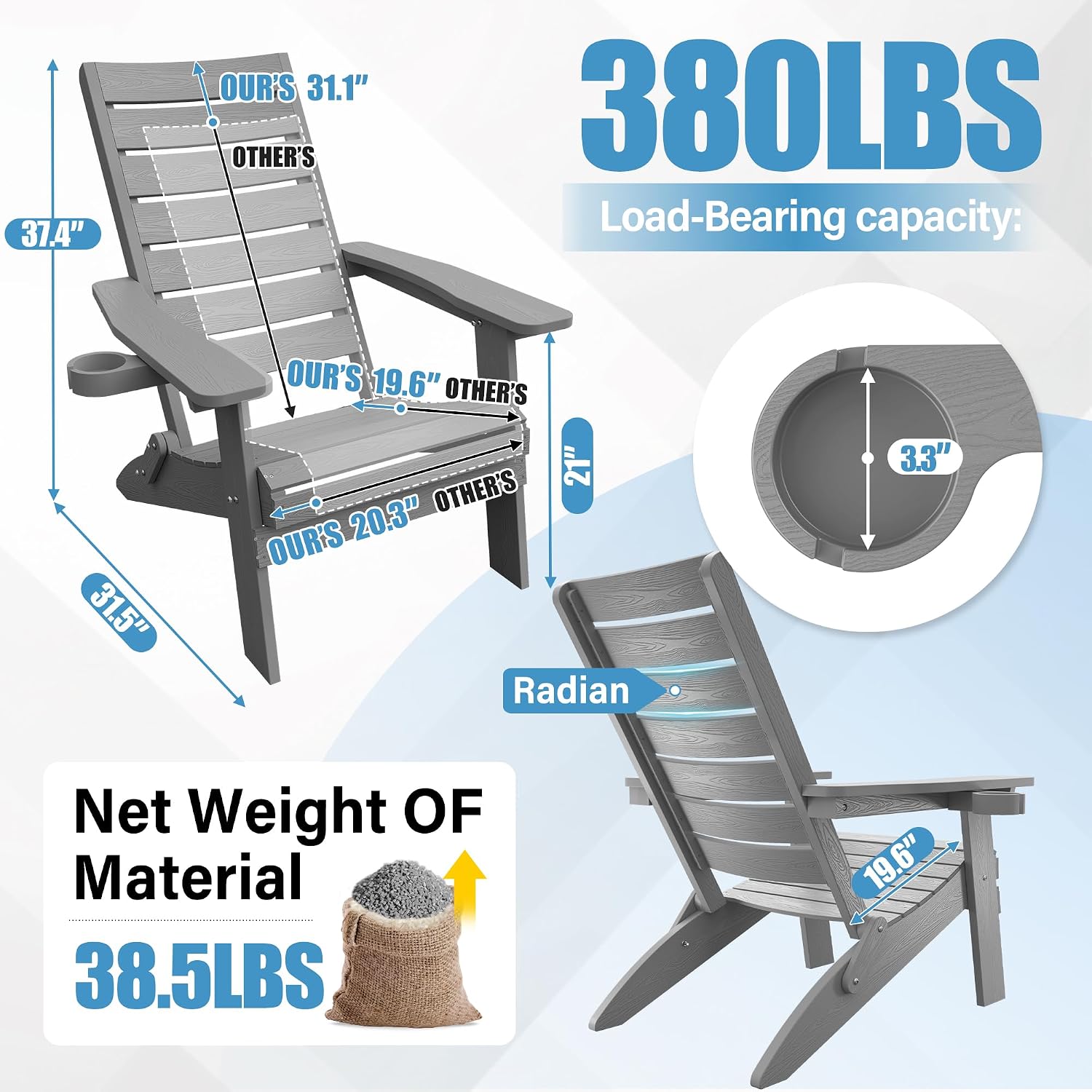 YEFU Adirondack Chair Set of 2 Outdoor: Oversized Folding Adirondack Chairs with Arc Back & Cup Holder, Weather Resistant Fire Pit Chairs for Patio Lawn Garden Backyard Deck, Grey