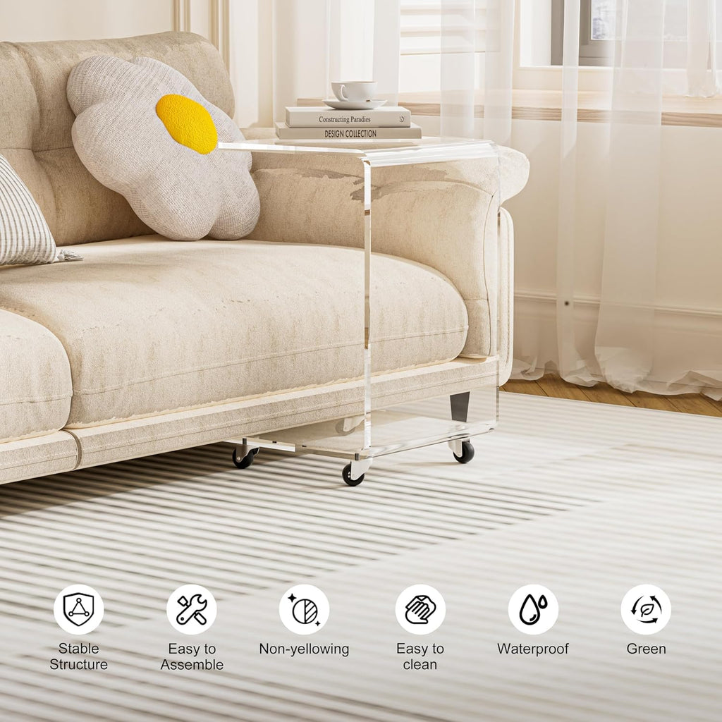 Acrylic Side Table with Wheels, Movable C Shaped Sofa Table with Storage, Rolling Nightstand, Clear End Table for Living Room, Bedroom, Office, Bedside, Couch