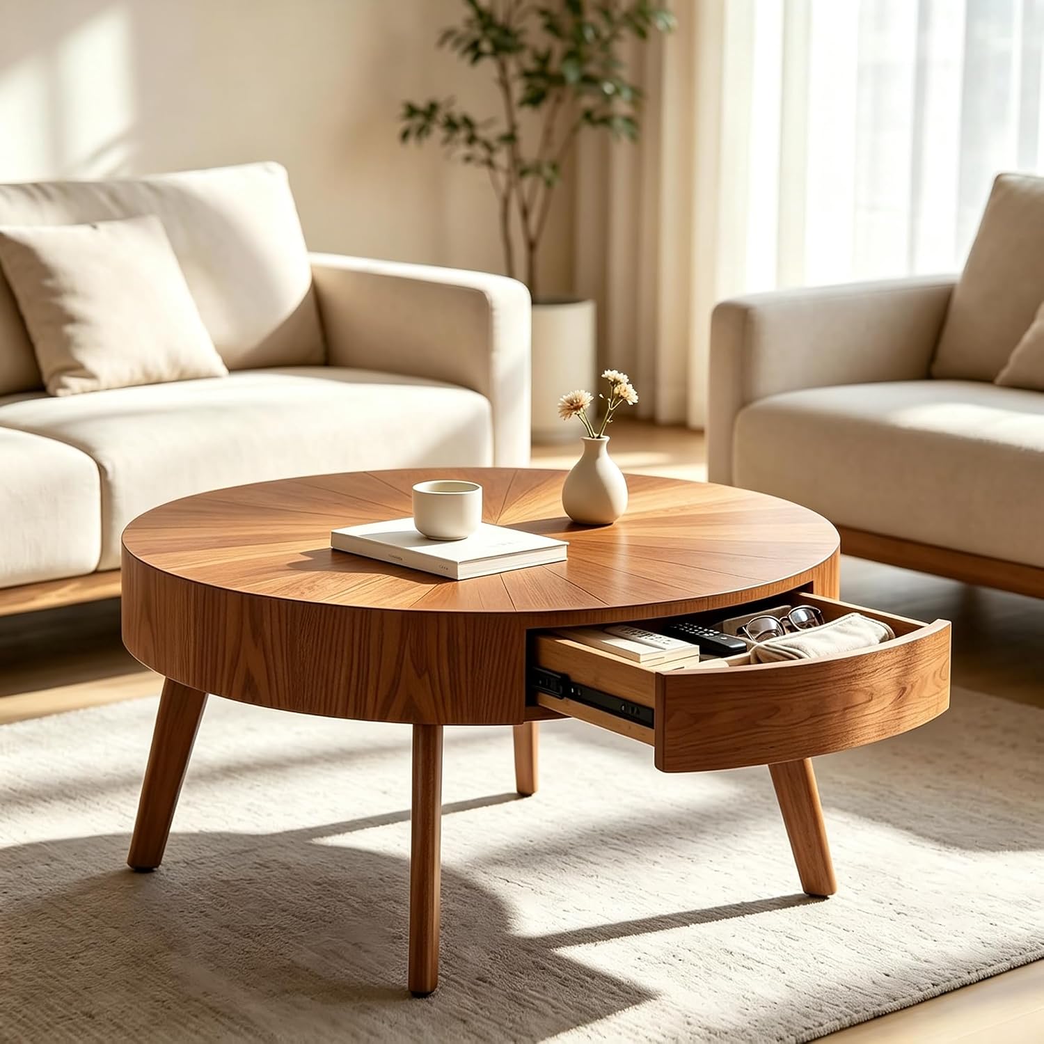 Round Wood Coffee Table for Living Room, Modern Farmhouse Table with Drawer, Wooden Circle Coffee Table, 29.14" L x 29.14" W x 15.87" H