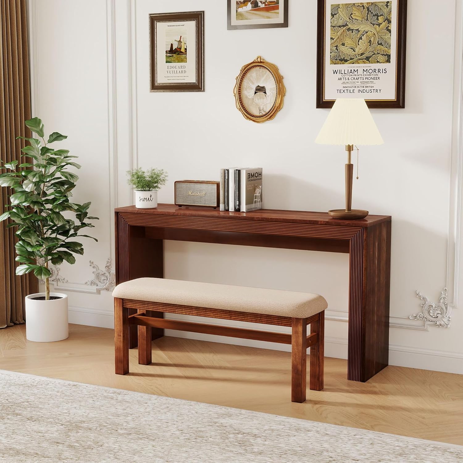 Console Table with Stools Counter Height Bar Table Set for 2, Dining Sofa Table Behind Couch Bar Table Set for Kitchen, Living Room, Walnut