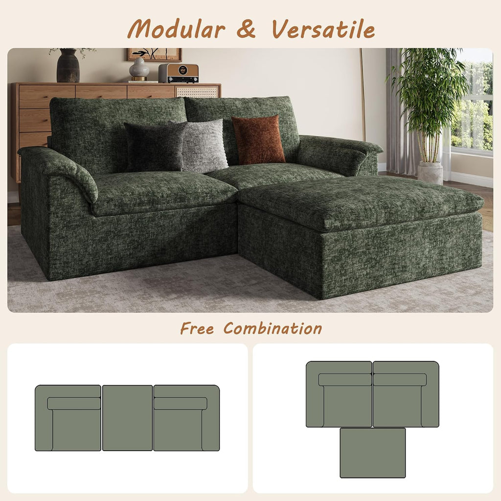 EASE MOOSE Modular Boneless Couch for Living Room, Modern Chenille Loveseat with Ottoman, Deep Seat Cloud Sectional Sofas for Small Spaces No Assembly, Green