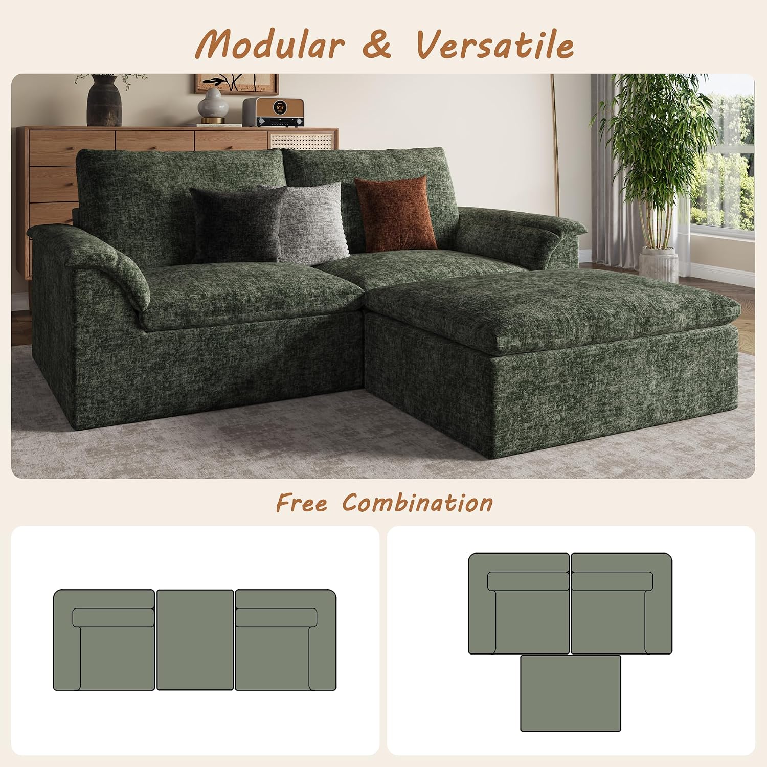EASE MOOSE Modular Boneless Couch for Living Room, Modern Chenille Loveseat with Ottoman, Deep Seat Cloud Sectional Sofas for Small Spaces No Assembly, Green