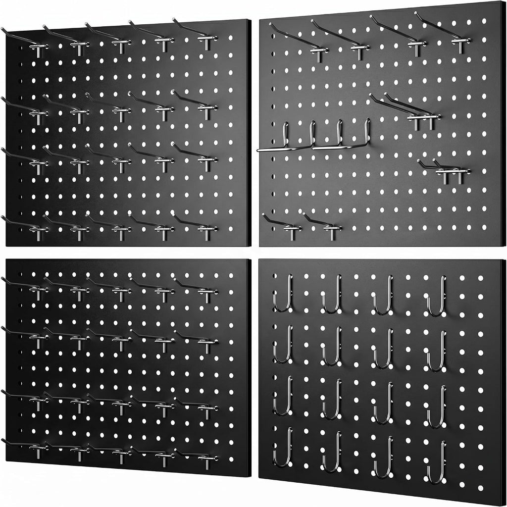 74PCS Pegboard Wall Organizer, 4 Pack Metal Pegboard Panels with 70 Hooks, 32" x 24" or 64" x 12" Black Peg Board for Walls, Garage, Craft Room, Cold-Rolled Steel