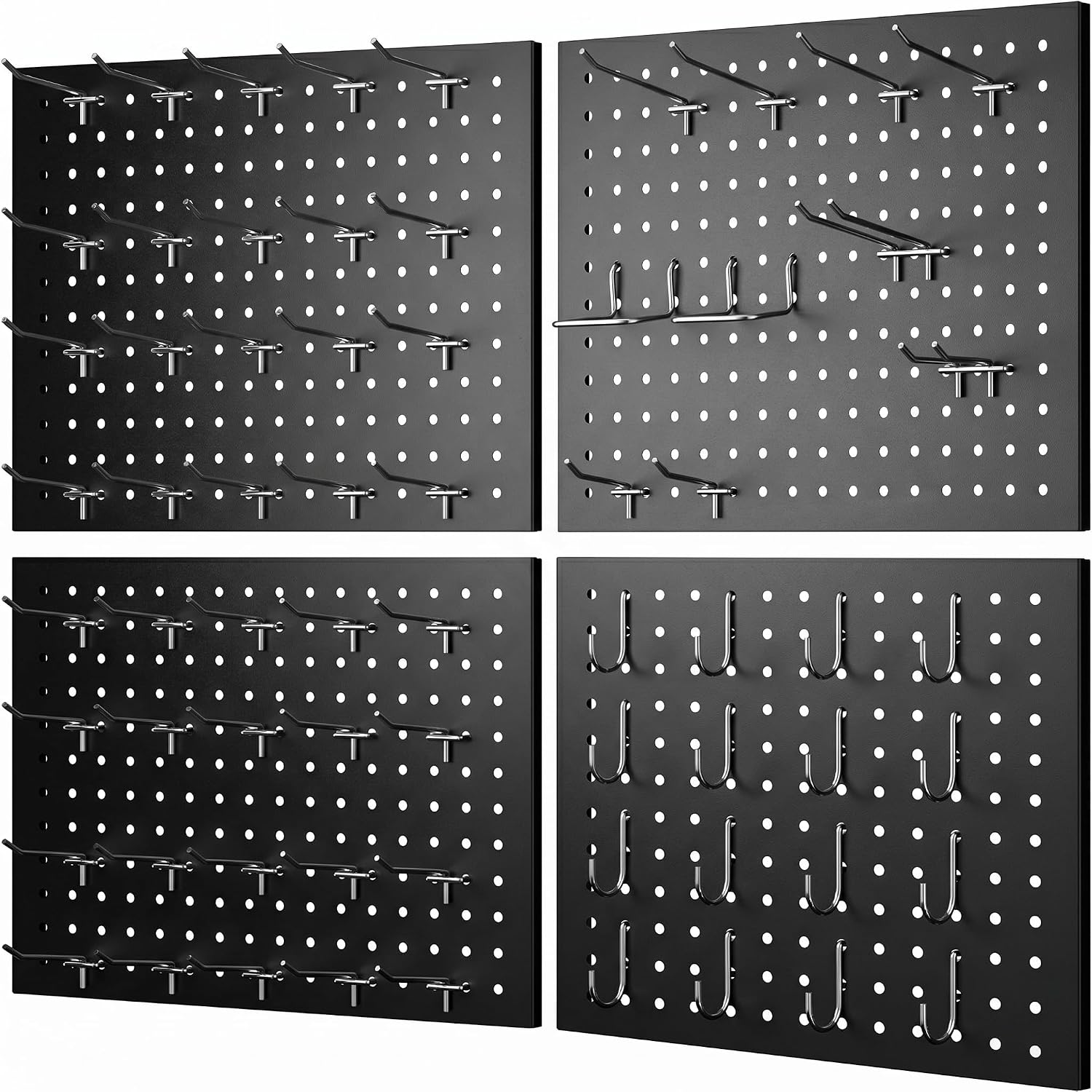 74PCS Pegboard Wall Organizer, 4 Pack Metal Pegboard Panels with 70 Hooks, 32" x 24" or 64" x 12" Black Peg Board for Walls, Garage, Craft Room, Cold-Rolled Steel