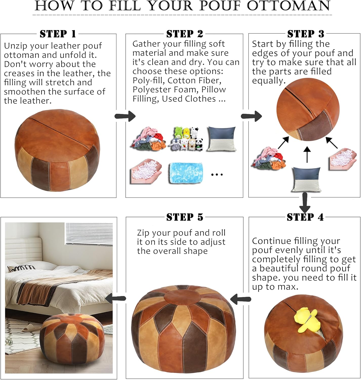 Thgonwid Unstuffed Moroccan Faux Leather Pouf Ottoman Cover with Storage - Boho Chic Multi-Use Footrest for Living Room, Bedroom, Patio - Round Ethnic Floor Cushion & Decorative Accent, Tricolor