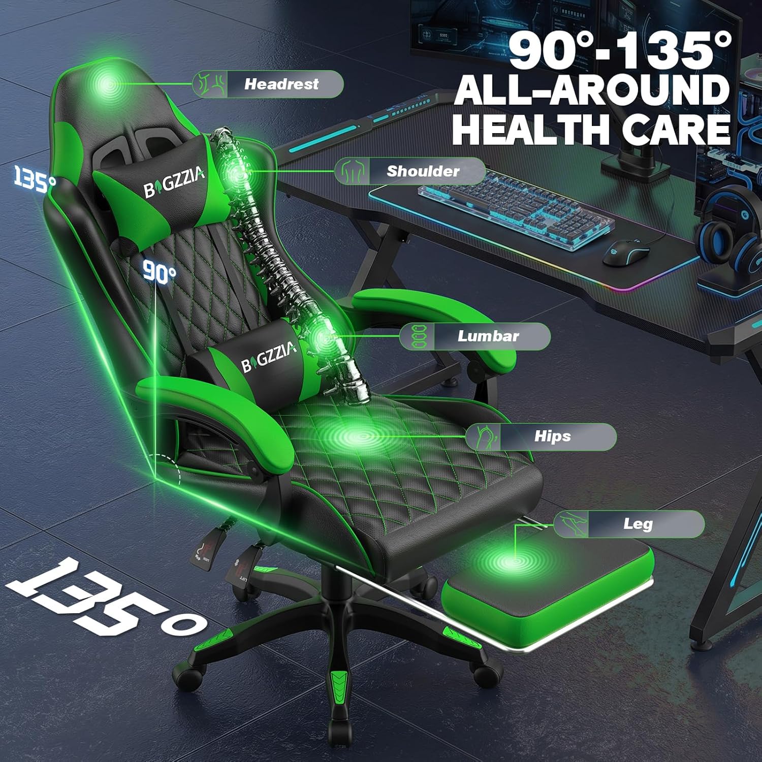 Bigzzia Gaming Chair with Footrest, Ergonomic Computer Game Chair with 20'' Wide Seat, Adjustable Lumbar Support, Headrest, 90°-135° Reclining Gaming Chairs for Adults, Black Green