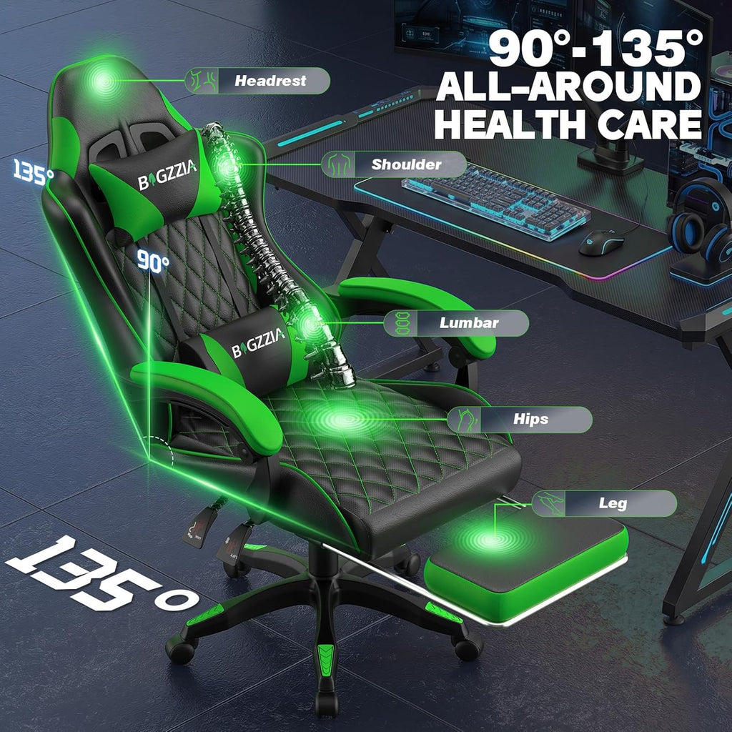 Bigzzia Gaming Chair with Footrest, Ergonomic Computer Game Chair with 20'' Wide Seat, Adjustable Lumbar Support, Headrest, 90°-135° Reclining Gaming Chairs for Adults, Black Green