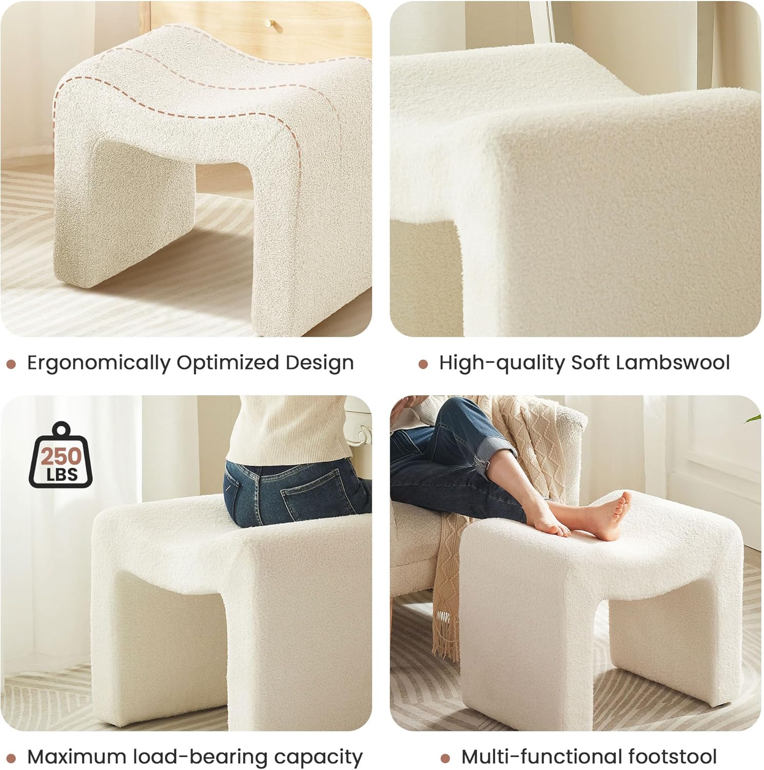 Ottoman Vanity Stool Chair Small Footstool Seating Backless Modern Foot Rest Teddy Velvet Ottoman for Makeup Room Living Room Bedroom Entryway,White (Single 1)