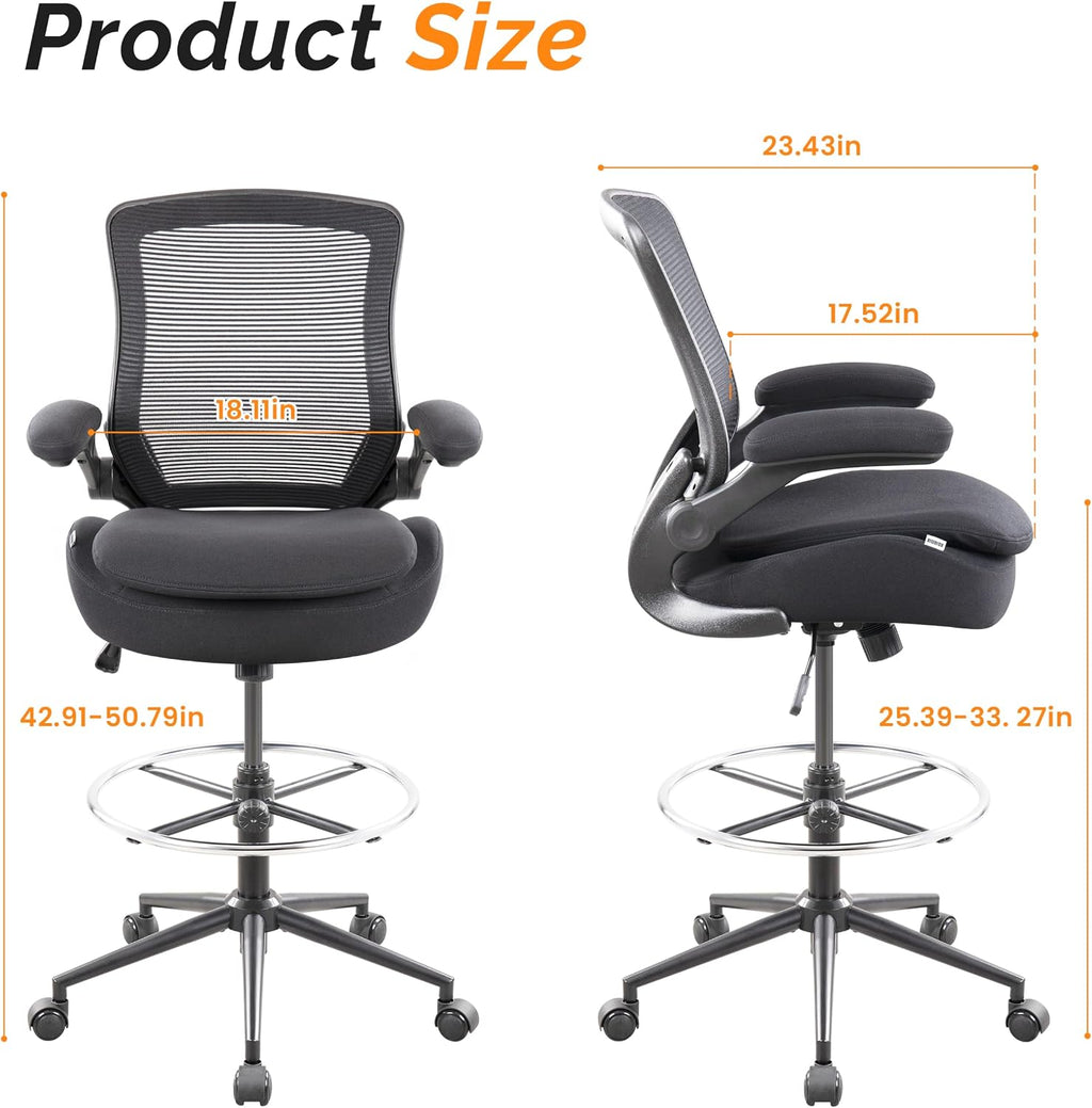 Drafting Chair Tall Office Chair, Ergonomic Standing Desk Computer Stools with, Flip-up Armrests, Adjustable Height and Big Foot-Ring, Comfortable Double Seat Cushion Foam Seat(Balck)
