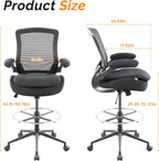 Drafting Chair Tall Office Chair, Ergonomic Standing Desk Computer Stools with, Flip-up Armrests, Adjustable Height and Big Foot-Ring, Comfortable Double Seat Cushion Foam Seat(Balck)