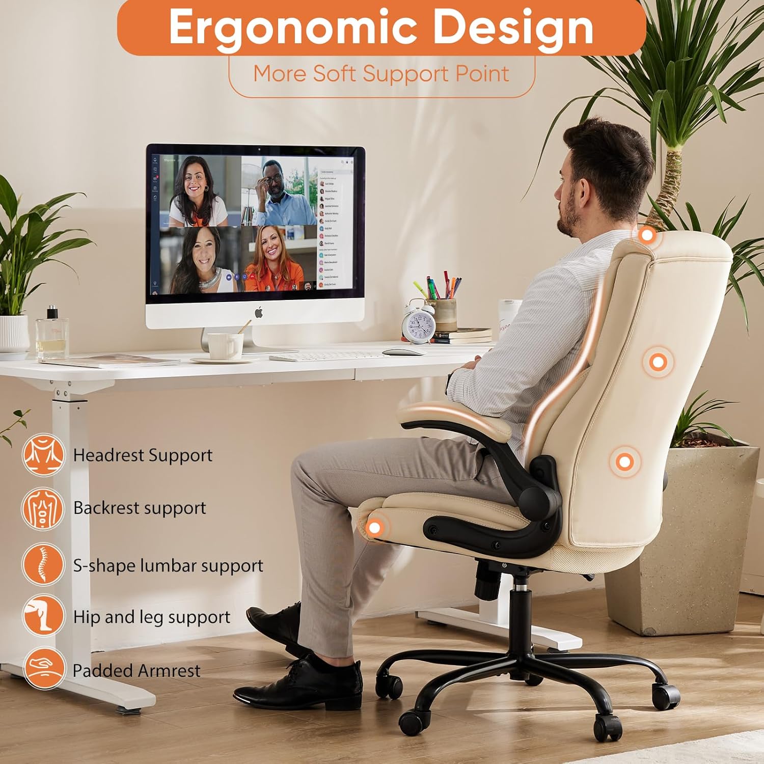 Sweetcrispy Ergonomic Office Chair - Heavy Duty Task Desk Chair with Flip-up Armrest, PU Leather, Height Adjustable & Swivel Rolling Chair with Wheels, Beige