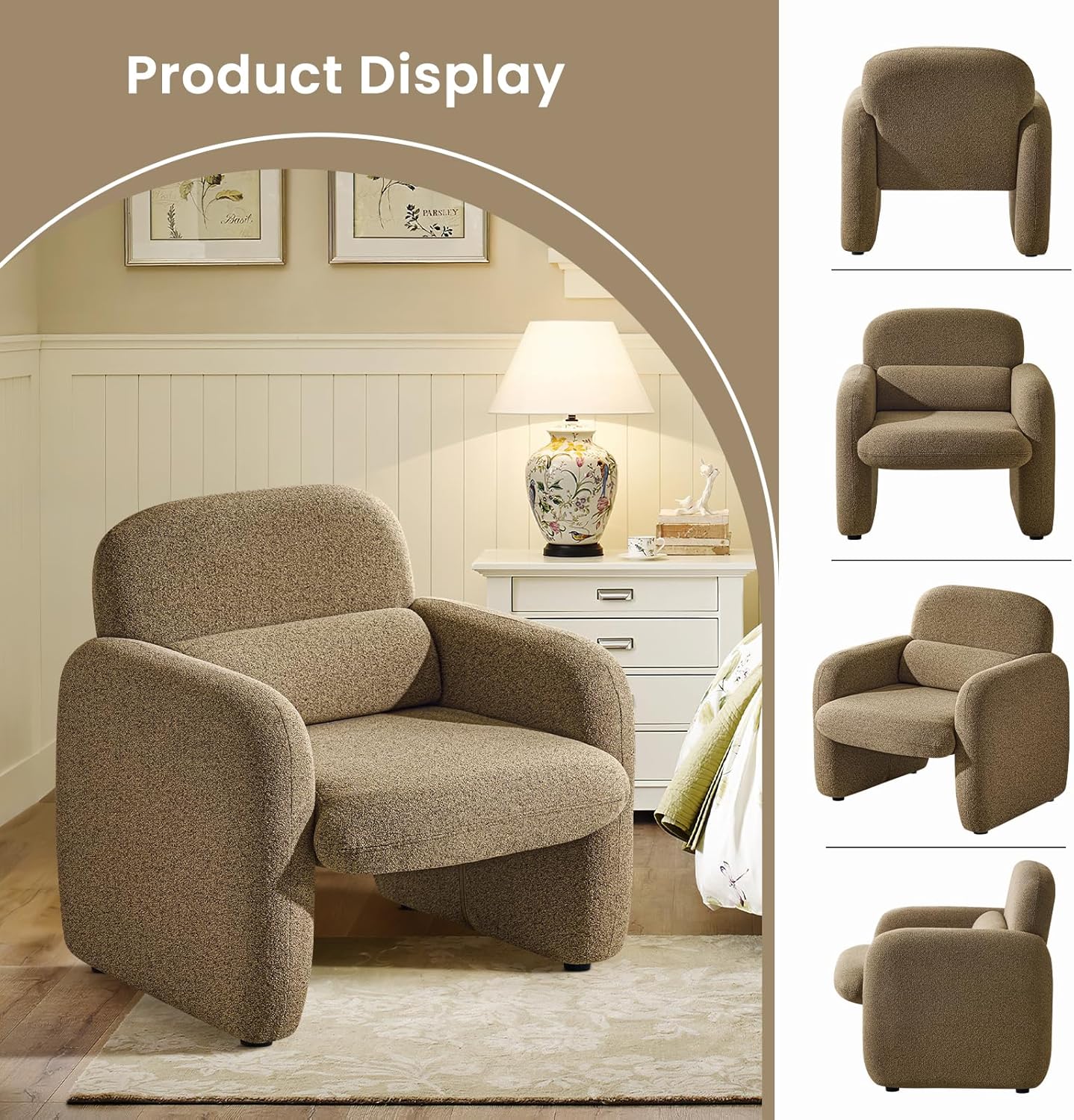 Furniliving 30.5" Chenille Accent Chair, Modern Upholstered Armchair with Solid Wood Legs, Comfy Reading Chair for Living Room Bedroom, Wide Single Sofa Chair（Yellow，Set of 1）