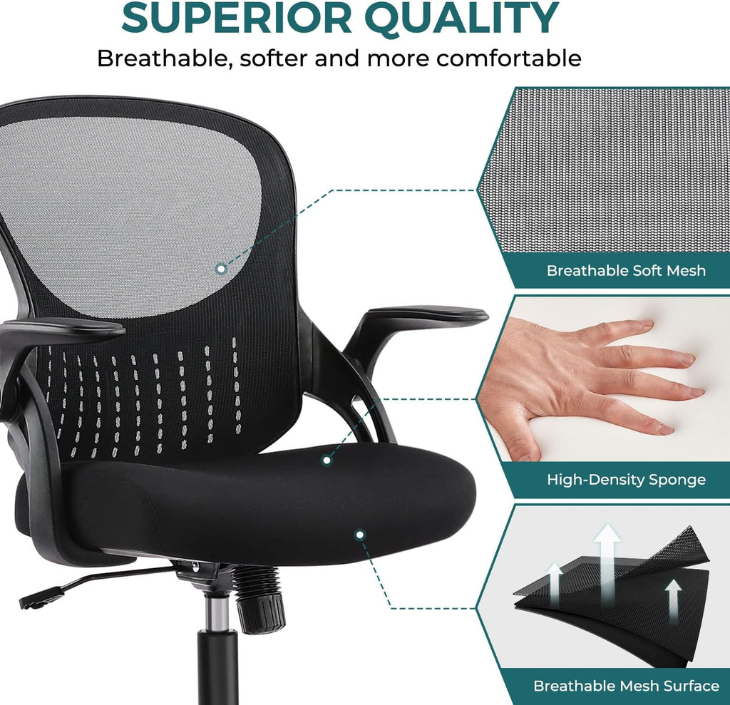 Home Office Chair Ergonomic Desk Chair Mesh Computer Chair Modern Height Adjustable Swivel Chair with Lumbar Support/Flip-up Arms, Black