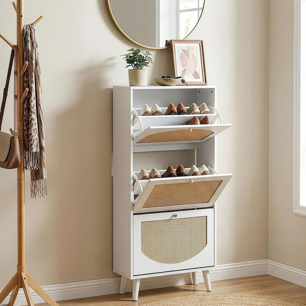 Karl home Shoe Rack Storage Organizer, Rattan-Panel 3-Tilt-Out Shoe Storage Cabinet, Hidden Shoe Storage for Entryway,Ideal for Heels,Slippers,Casual Shoes, White