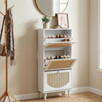 Karl home Shoe Rack Storage Organizer, Rattan-Panel 3-Tilt-Out Shoe Storage Cabinet, Hidden Shoe Storage for Entryway,Ideal for Heels,Slippers,Casual Shoes, White