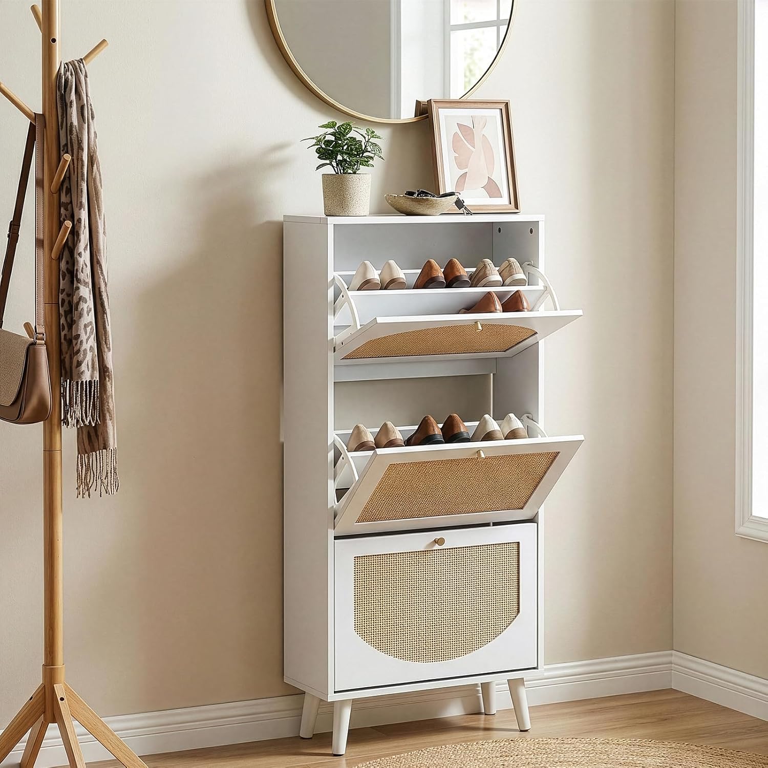 Karl home Shoe Rack Storage Organizer, Rattan-Panel 3-Tilt-Out Shoe Storage Cabinet, Hidden Shoe Storage for Entryway,Ideal for Heels,Slippers,Casual Shoes, White