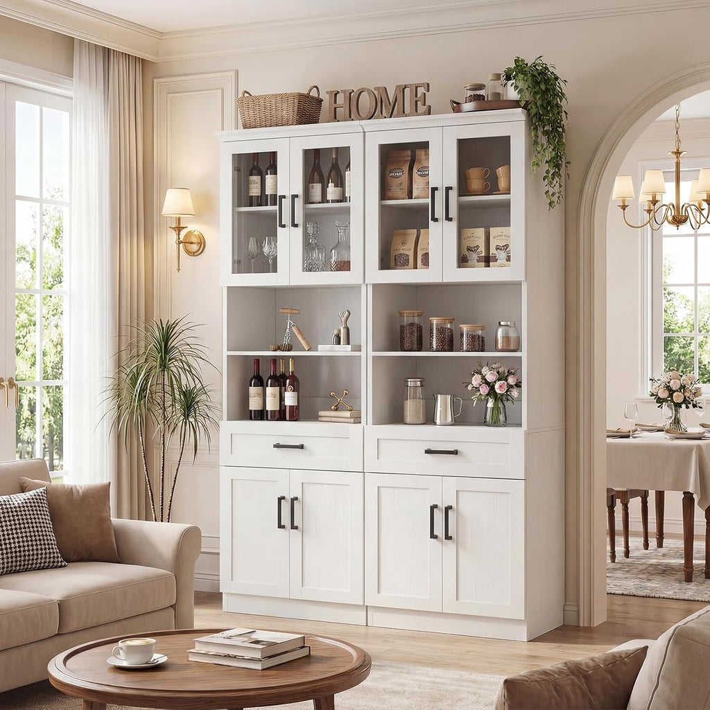 Unikito 79.7" Tall Kitchen Pantry Storage Cabinet, Freestanding Kitchen Hutch Cabinet with Glass Door, Adjustable Shelves and Drawer, Display Bookcase for Living Room, Dining Room, Bathroom, White