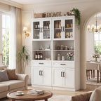 Unikito 79.7" Tall Kitchen Pantry Storage Cabinet, Freestanding Kitchen Hutch Cabinet with Glass Door, Adjustable Shelves and Drawer, Display Bookcase for Living Room, Dining Room, Bathroom, White