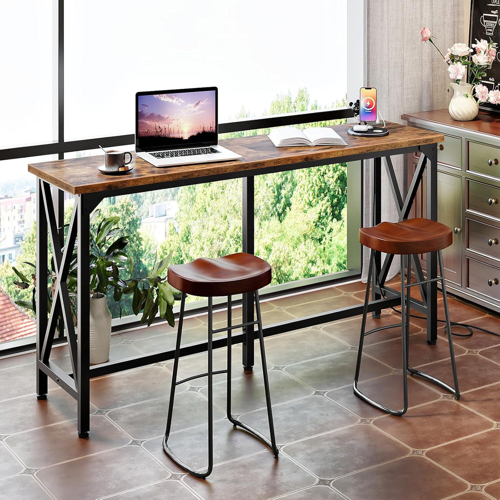 CHOEZON 55'' Bar Table, Kitchen Dining Table with Power Outlet and Footrest, Industrial Style, for Pub, Living Room, Rustic Brown and Black TBT09UBF