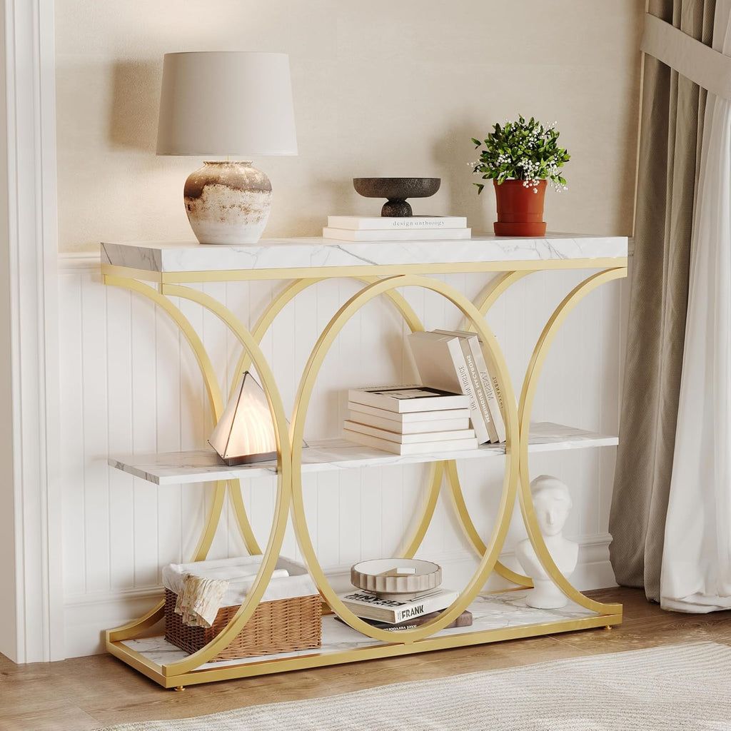 Garvee 39" Narrow Console Tables for Entryway, Industrial 3-Tier Sofa Table with Round Metal Base and Storage Shelves for Living Room, Hallway, Foyer, Gold and White Marble