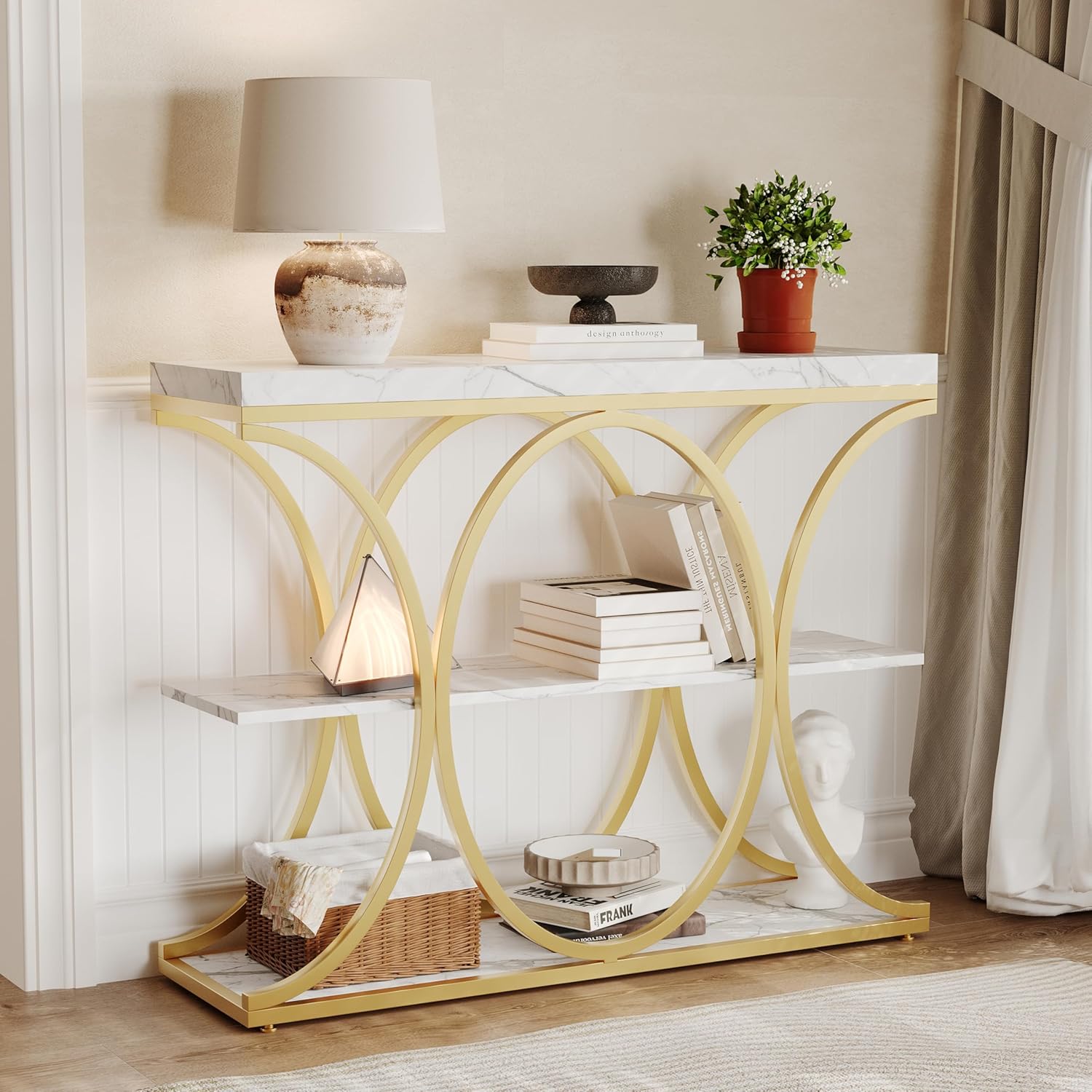 Garvee 39" Narrow Console Tables for Entryway, Industrial 3-Tier Sofa Table with Round Metal Base and Storage Shelves for Living Room, Hallway, Foyer, Gold and White Marble