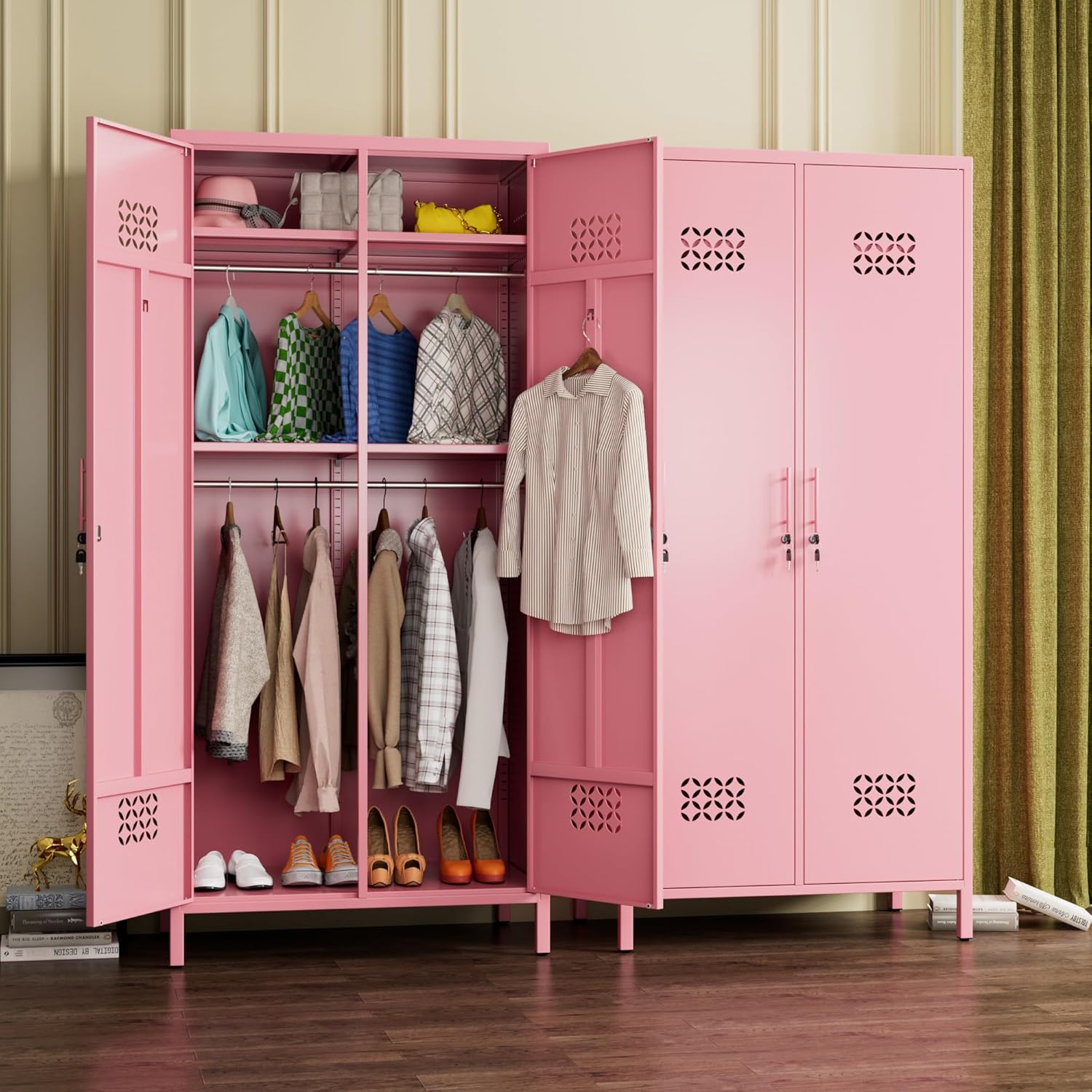 Aobabo Metal Wardrobe Closet with 2 Doors, 19" Deep Metal Wardrobe Cabinet with 4 Adjustable Shelves and 2 Hannging Rods, Storage Locker for Home, Pink, Assembly Required