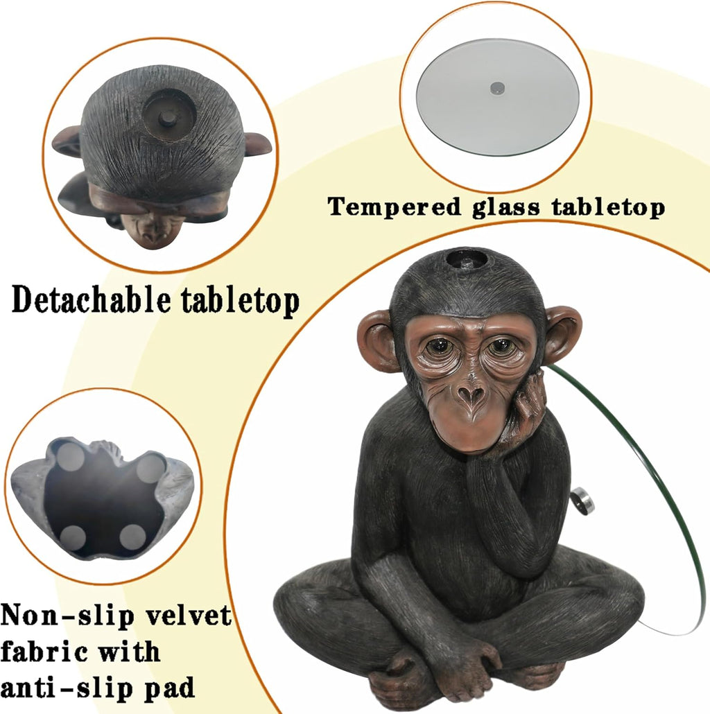 Animal Resin Side Table, Monkey Base Glass Top Side Table, Art Deco Style, Suitable for Gardens, Courtyards, Living Rooms, and Gifting (13in)