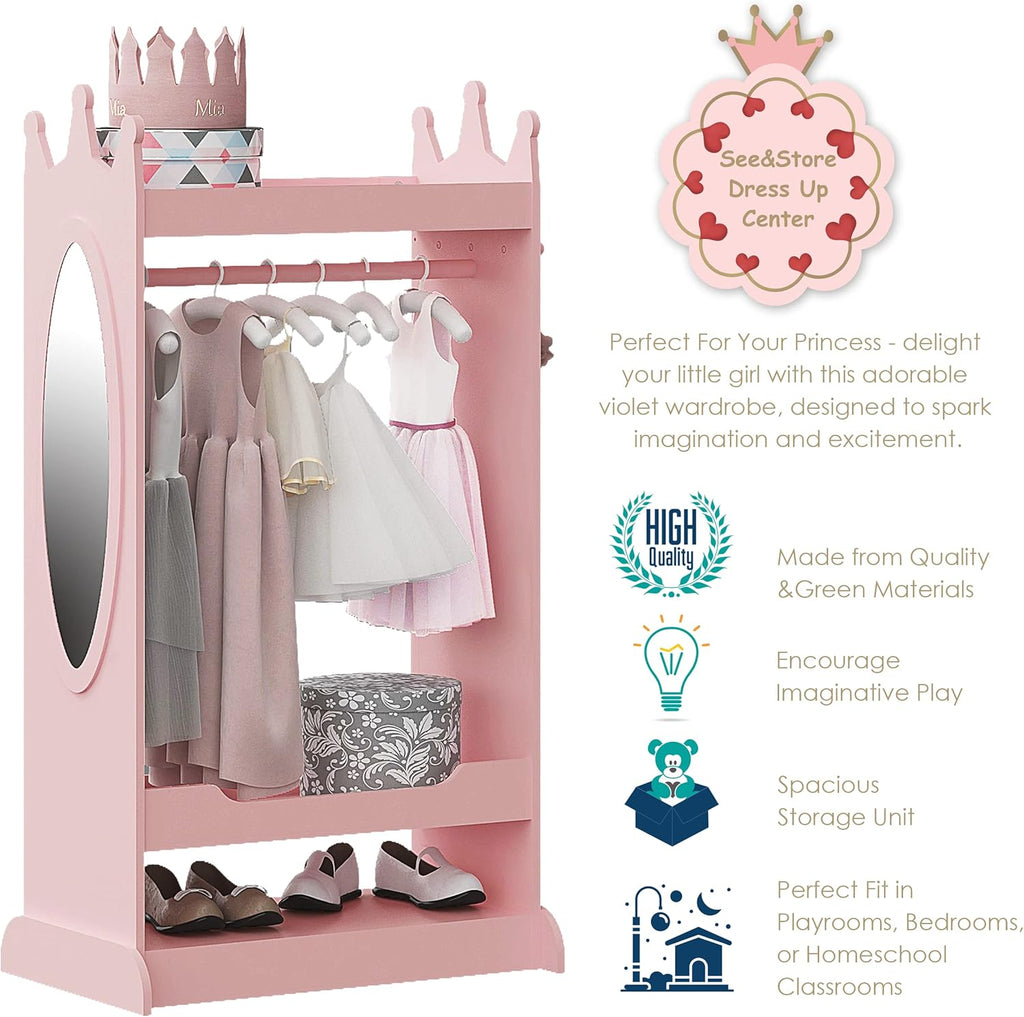 UTEX Kids Dress up Storage with Crown-Shaped Top and Mirror | Open Hanging Armoire Closet, Kids Wardrobe Closet, Water-based Paint
