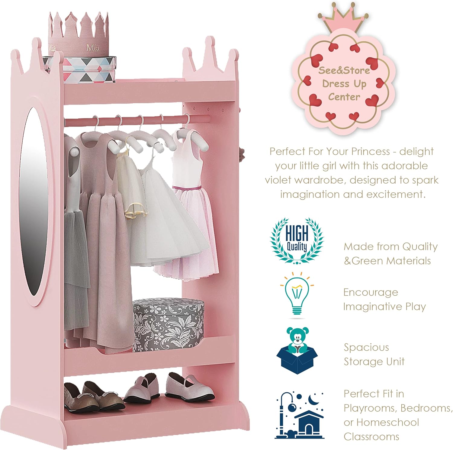 UTEX Kids Dress up Storage with Crown-Shaped Top and Mirror | Open Hanging Armoire Closet, Kids Wardrobe Closet, Water-based Paint