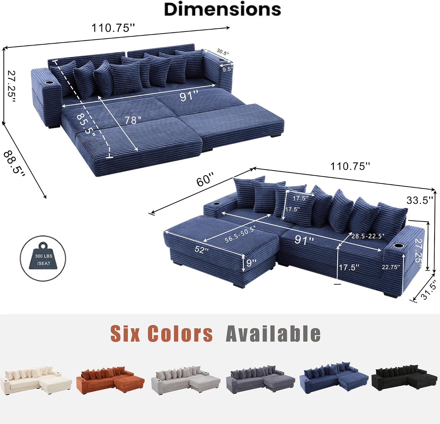 Modular Sectional Sofa Couch, 110.75" Convertible Sleeper Sofa Bed with Movable Ottoman & Cup Holder for Living Room | L Shaped Couch | Pull Out Couch Bed | Plush Corduroy Fabric, Blue