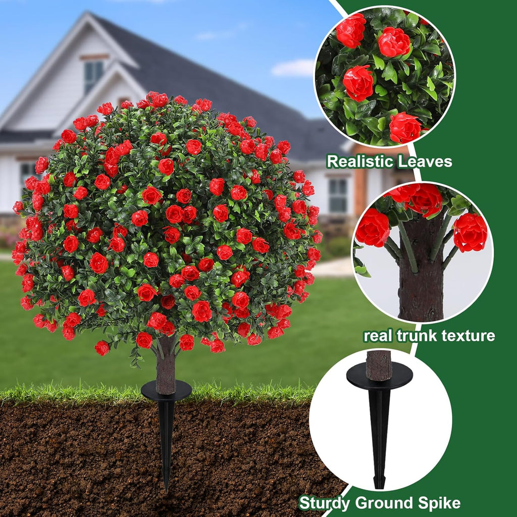 25" Artificial Red Rose Topiary Ball Trees with Ground Spike (Set of 2), UV Resistant Faux Plants into Anywhere, Evergreen Boxwood Shrubs, for Indoor Outdoor Front Porch Garden Backyard Decor