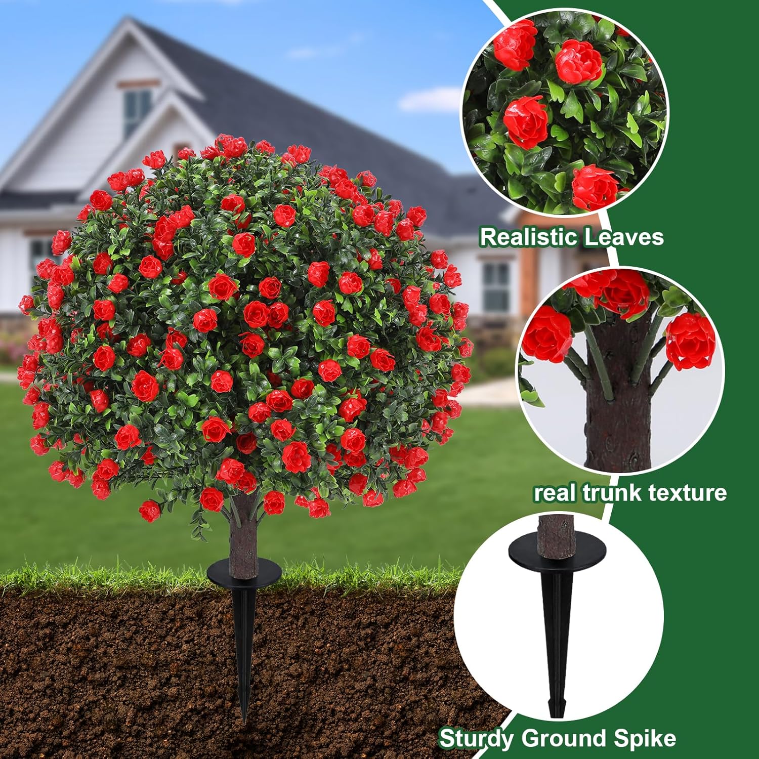 25" Artificial Red Rose Topiary Ball Trees with Ground Spike (Set of 2), UV Resistant Faux Plants into Anywhere, Evergreen Boxwood Shrubs, for Indoor Outdoor Front Porch Garden Backyard Decor