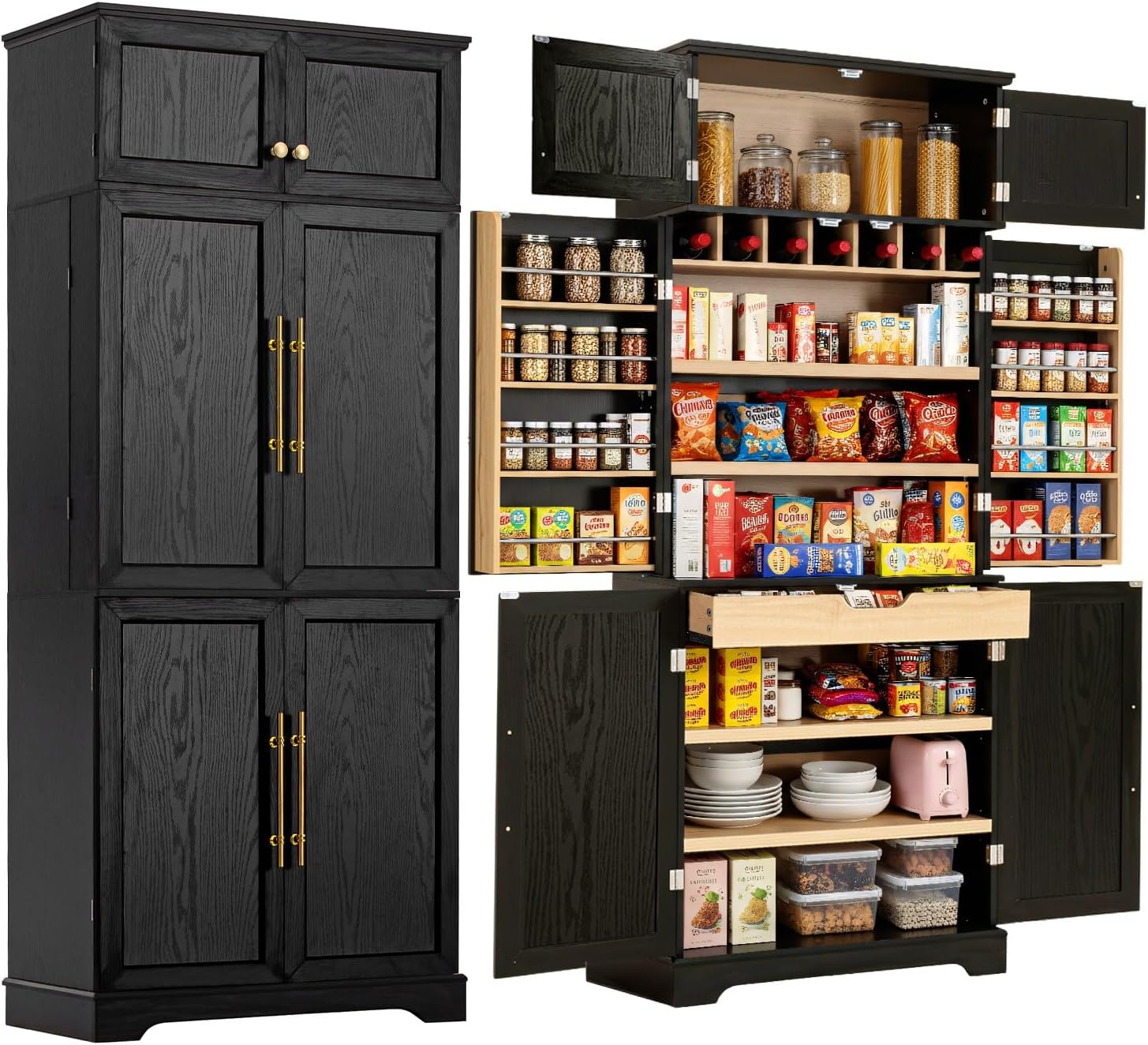 Farmhouse Pantry Cabinet with 8 Door Shelves and Adjustable Shelves, Tall Storage Cabinet with Hidden Drawer and Wine Rack, Versatile Wood Cupboard for Kitchen, Dining, Bathroom (Ash Black)