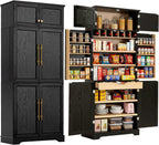 78.2" Tall Farmhouse Kitchen Pantry with 6 Doors and 8 Racks, Wood Cupboard Storage Cabinet with 4 Adjustable Shelves, Hidden Drawer, Wine Rack for Kitchen, Dining & Bathroom (Ash Black-11.22)