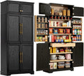 Virubi 78" Farmhouse Tall Kitchen Pantry Cabinet, Wood Storage Cabinets with Hidden Drawer and 4 Adjustable Shelves, Cupboard with Wine Rack and Door Shelves for Kitchen Dining Room, Black