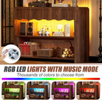 PAKASEPT Retro Entryway Table with RGB LED Lights, 43" Walnut Console Table with 3 Drawers & 2 Open Storage Shelves, Mid-Century Modern Hallway Accent Tables Behind Couch Table for Living Room