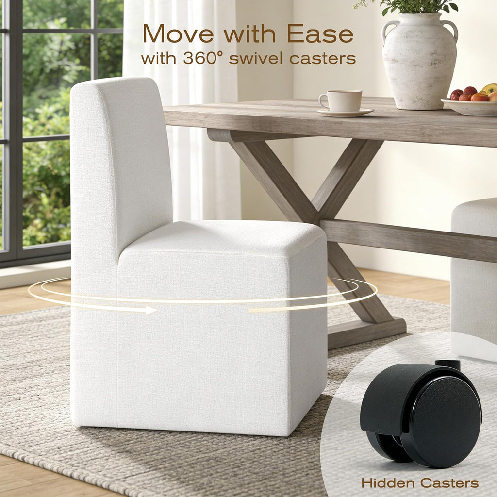 Upholstered Dining Chairs with Casters Set of 2 - Rolling Dining Chairs for Home Desk, Lounge or Living Room, Silent Wheel, No-Assembly, White