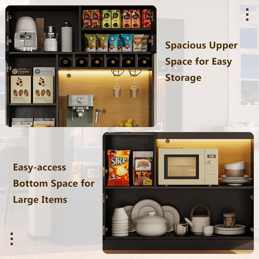 Einhomn 69" Kitchen Pantry Cabinet with LED Lights & Charging Station & Wine Rack, Large Kitchen Hutch with Glass Door & Countertop & Adjustable Shelves for Dining Room, Living Room, Black