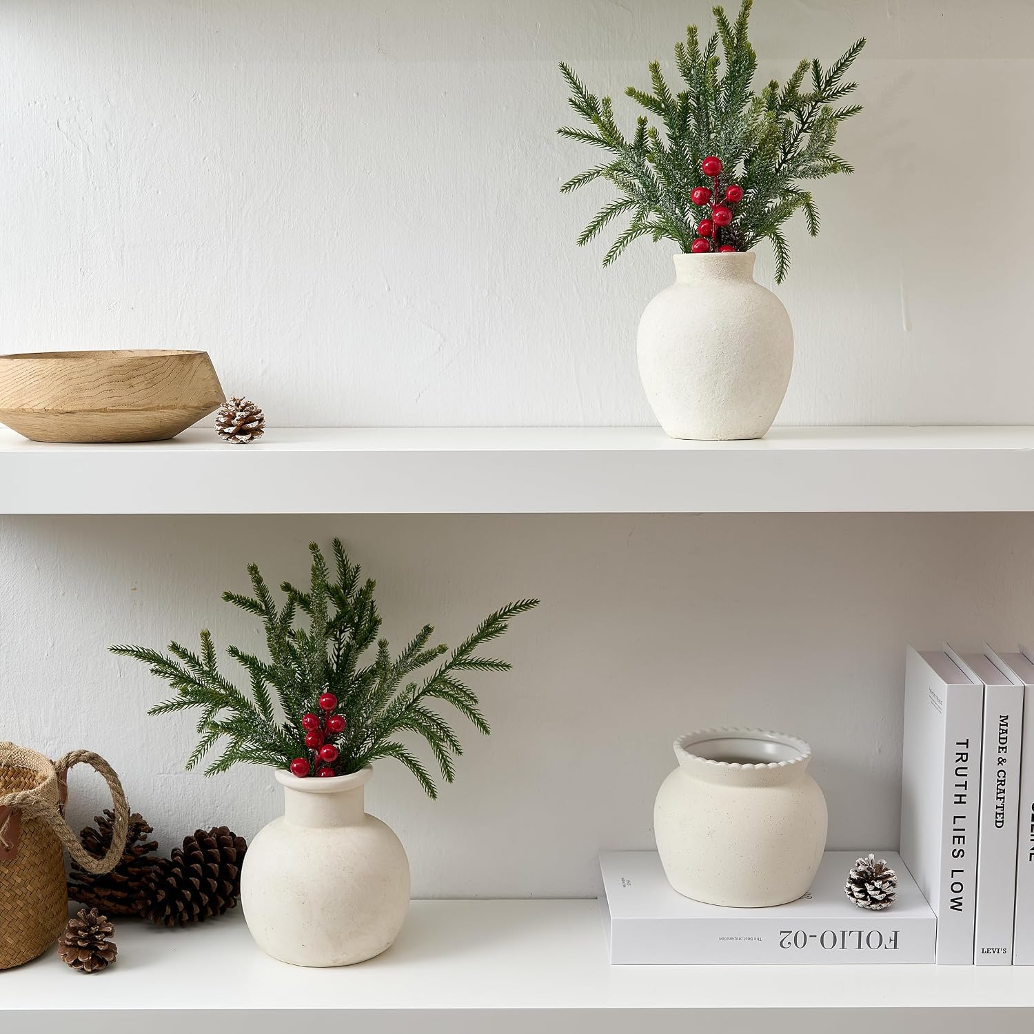 SIDUCAL Ceramic Decorative Flower Vase | 6 Inch Pottery Rustic Farmhouse Boho Vase for Home Decor, Table, Living Room, Bathroom, Shelf, Mantel Decoration, Wedding, White