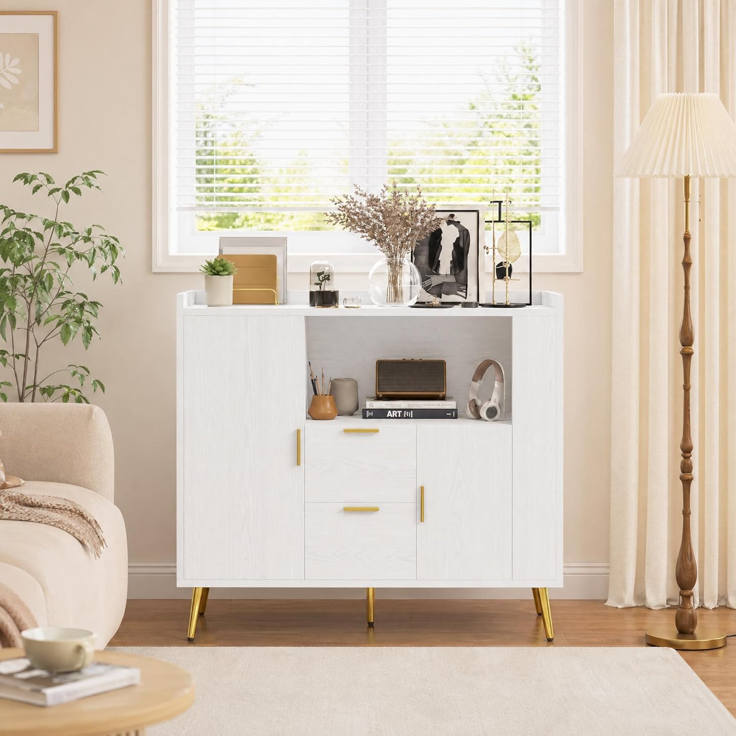 40 Inch Sideboard Buffet Cabinet with Storage & Drawers, Sturdy Wood Kitchen Cabinet with Waterproof Surface for Easy Maintenance